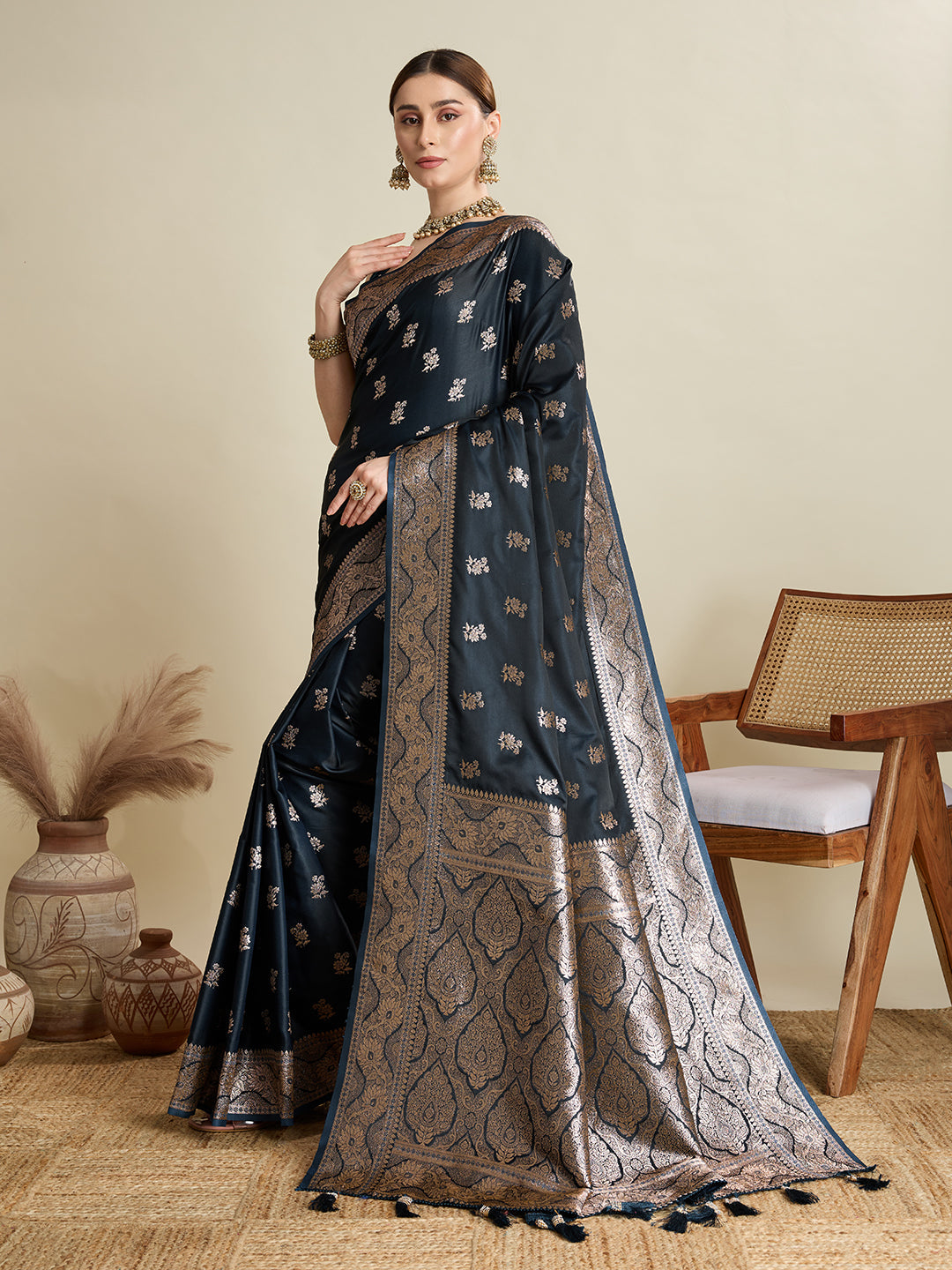 Dwija Fashion Black Wedding Wear Satin Jari Motifs All Over Pallu And Saree With Unstitched Blouse