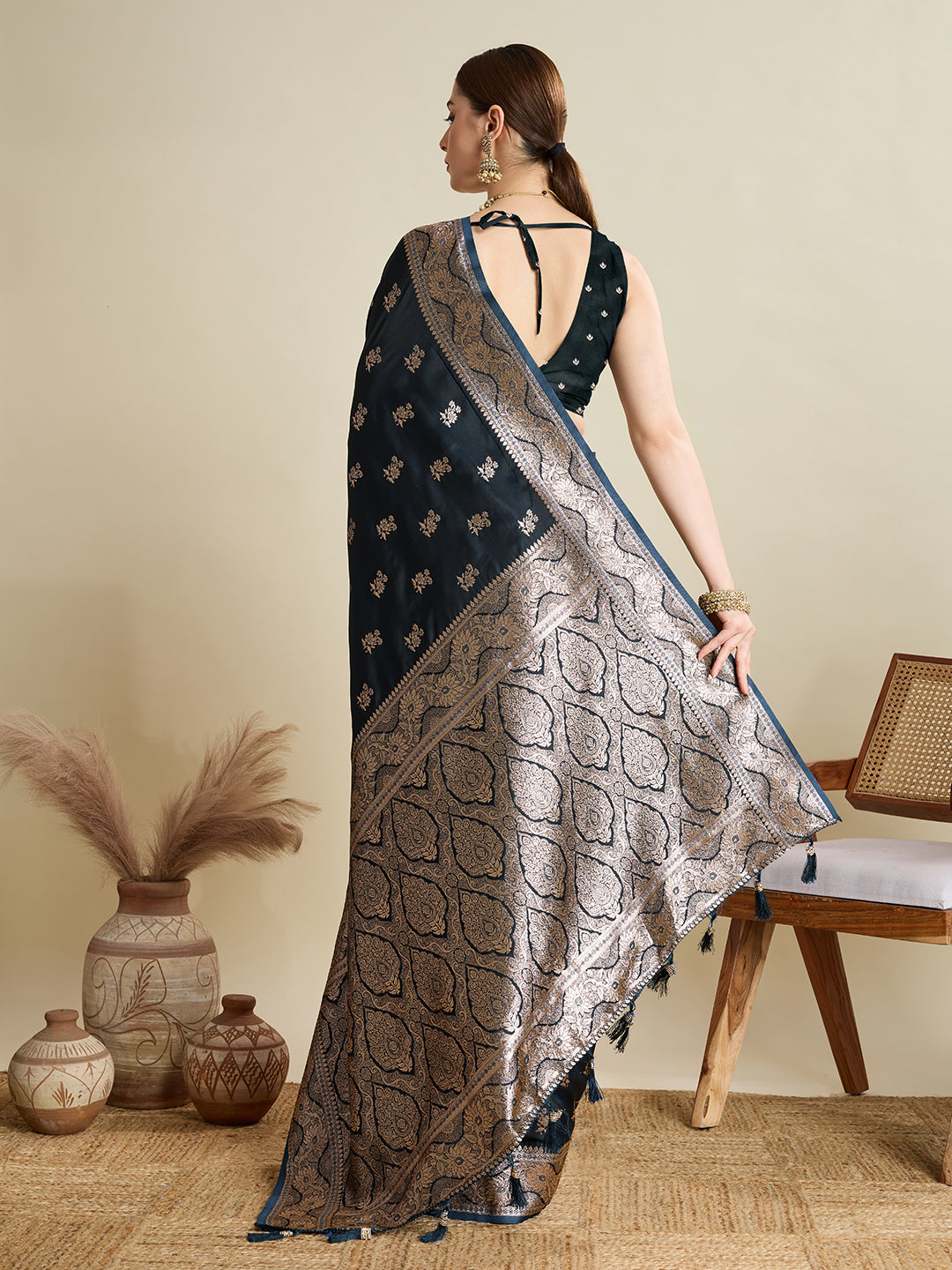 Dwija Fashion Black Wedding Wear Satin Jari Motifs All Over Pallu And Saree With Unstitched Blouse