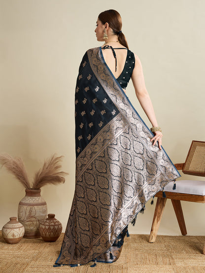Dwija Fashion Black Wedding Wear Satin Jari Motifs All Over Pallu And Saree With Unstitched Blouse