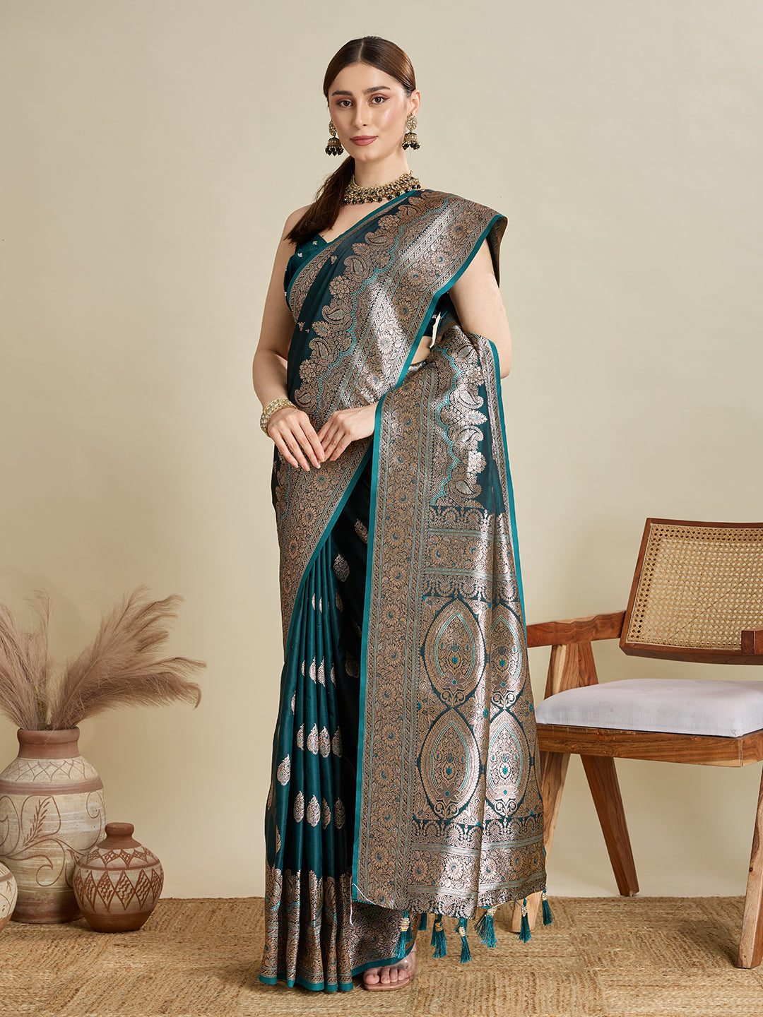 Dwija Fashion Teal Green Wedding Wear Satin Jari Motifs All Over Pallu And Saree With Unstitched Blouse