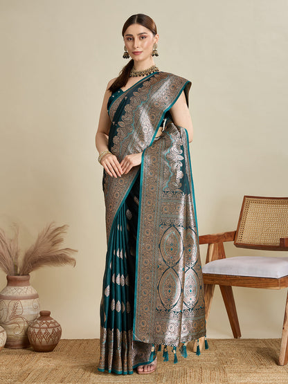 Dwija Fashion Teal Green Wedding Wear Satin Jari Motifs All Over Pallu And Saree With Unstitched Blouse