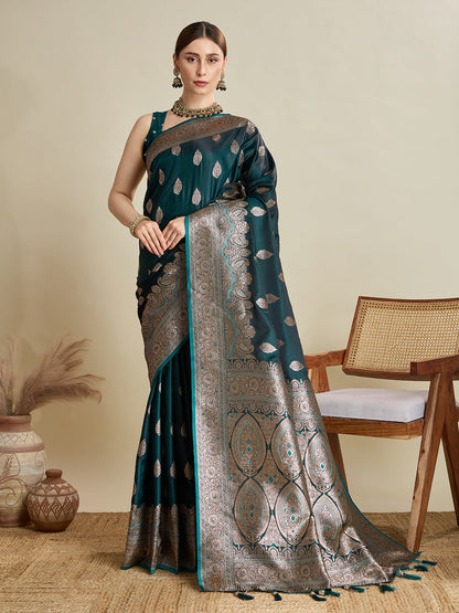 Dwija Fashion Teal Green Wedding Wear Satin Jari Motifs All Over Pallu And Saree With Unstitched Blouse