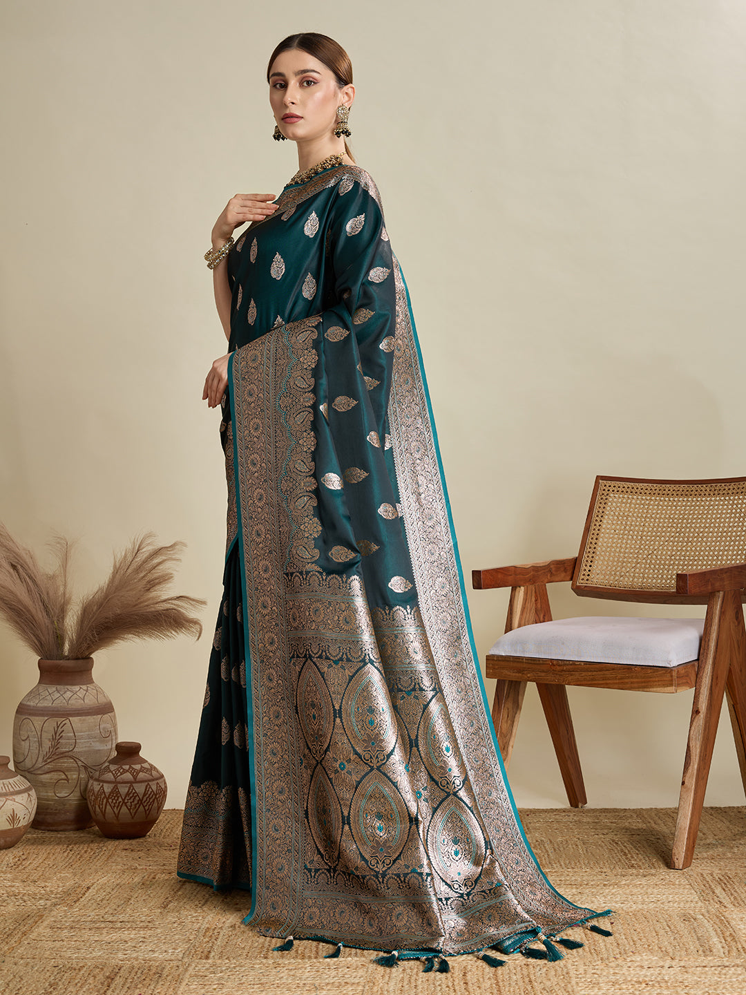 Dwija Fashion Teal Green Wedding Wear Satin Jari Motifs All Over Pallu And Saree With Unstitched Blouse