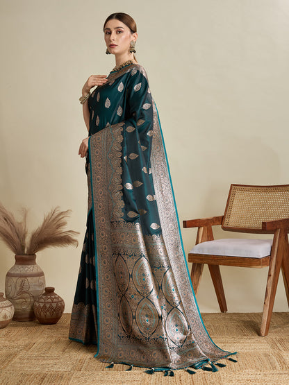 Dwija Fashion Teal Green Wedding Wear Satin Jari Motifs All Over Pallu And Saree With Unstitched Blouse