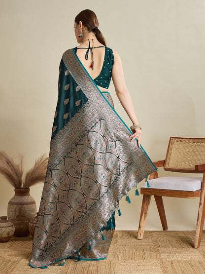 Dwija Fashion Teal Green Wedding Wear Satin Jari Motifs All Over Pallu And Saree With Unstitched Blouse