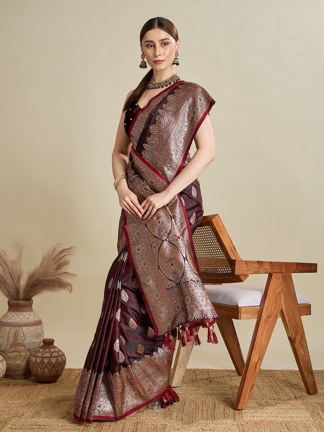 Dwija Fashion Chocolate Brown Wedding Wear Satin Jari Motifs All Over Pallu And Saree With Unstitched Blouse
