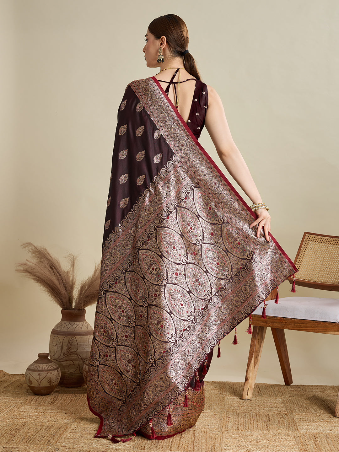 Dwija Fashion Chocolate Brown Wedding Wear Satin Jari Motifs All Over Pallu And Saree With Unstitched Blouse