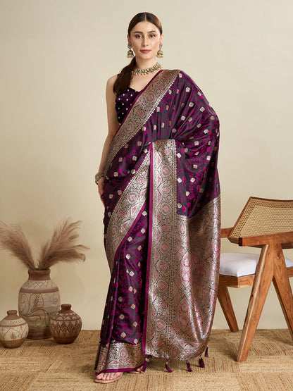 Dwija Fashion Magenta Wedding Wear Satin Jari Motifs All Over Pallu And Saree With Unstitched Blouse