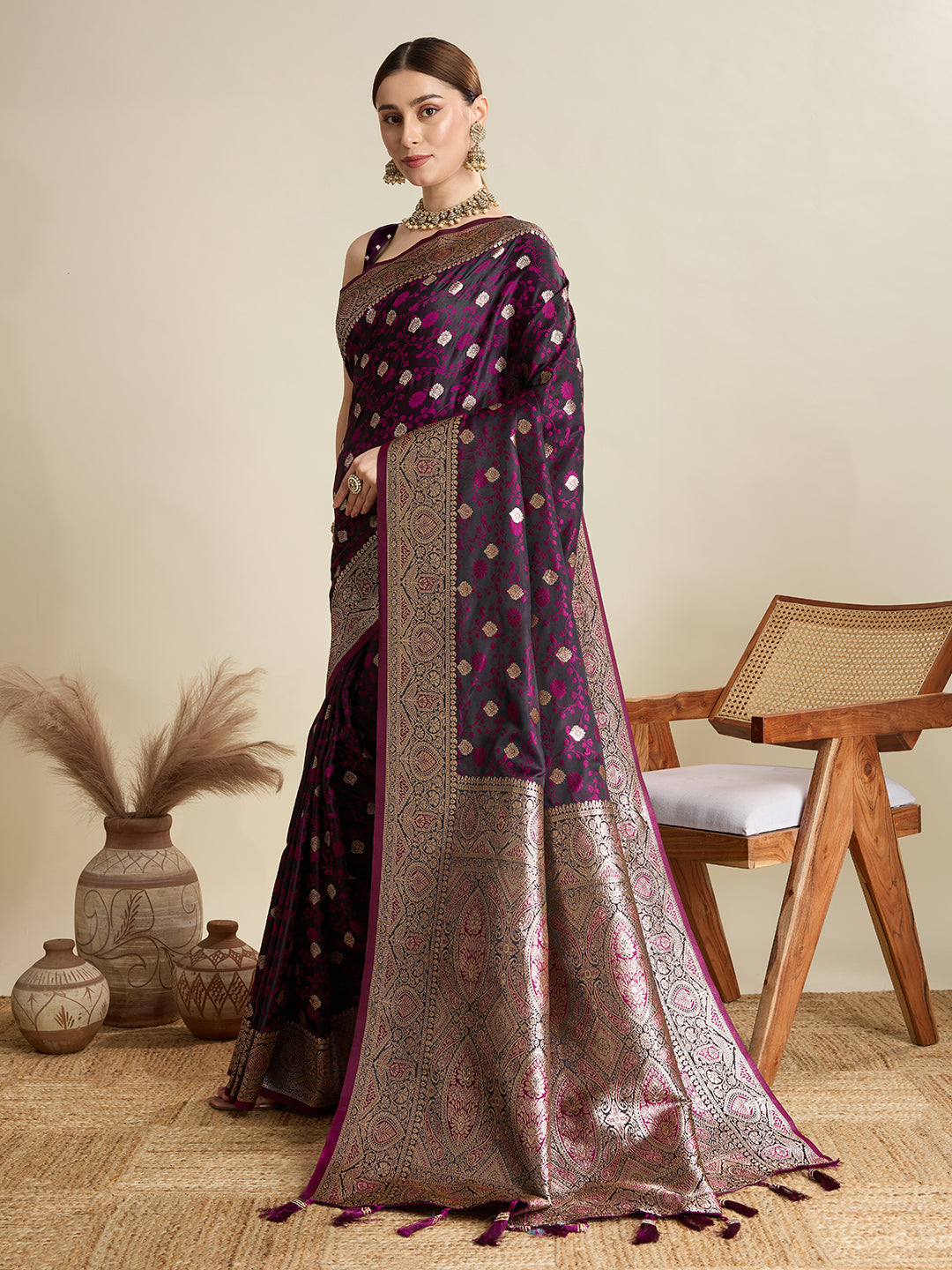 Dwija Fashion Magenta Wedding Wear Satin Jari Motifs All Over Pallu And Saree With Unstitched Blouse