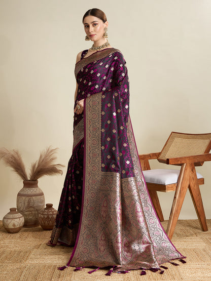 Dwija Fashion Magenta Wedding Wear Satin Jari Motifs All Over Pallu And Saree With Unstitched Blouse