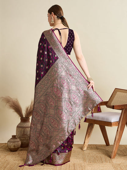 Dwija Fashion Magenta Wedding Wear Satin Jari Motifs All Over Pallu And Saree With Unstitched Blouse
