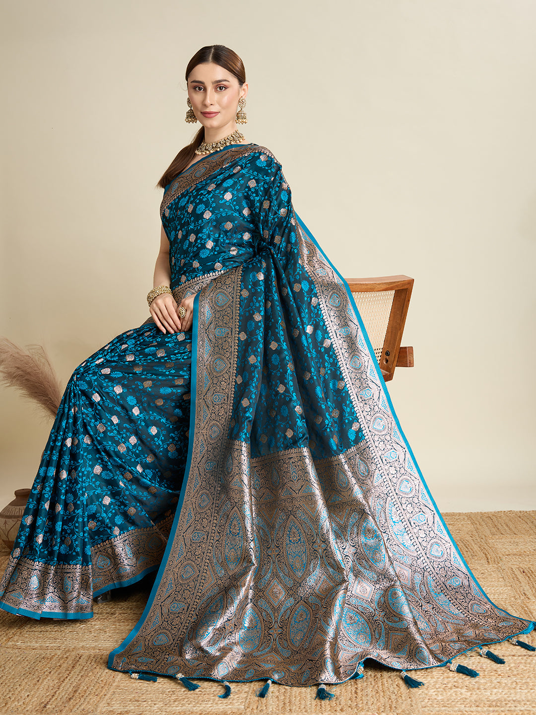 Dwija Fashion Navy Blue Wedding Wear Satin Jari Motifs All Over Pallu And Saree With Unstitched Blouse