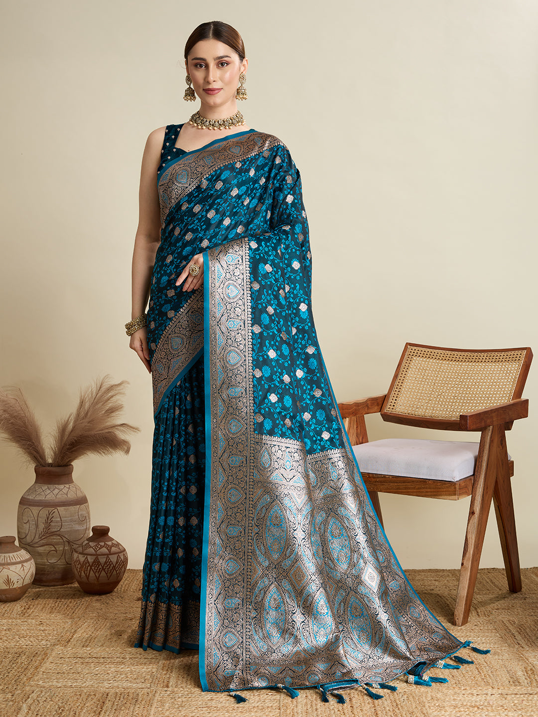Dwija Fashion Navy Blue Wedding Wear Satin Jari Motifs All Over Pallu And Saree With Unstitched Blouse