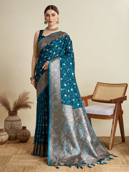 Dwija Fashion Navy Blue Wedding Wear Satin Jari Motifs All Over Pallu And Saree With Unstitched Blouse