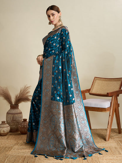 Dwija Fashion Navy Blue Wedding Wear Satin Jari Motifs All Over Pallu And Saree With Unstitched Blouse