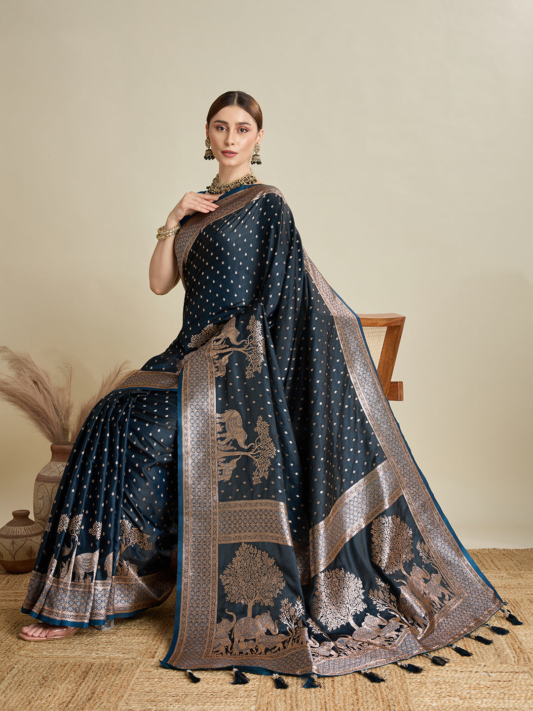 Dwija Fashion Deep Teal Green Wedding Wear Satin Jari Motifs All Over Pallu And Saree With Unstitched Blouse