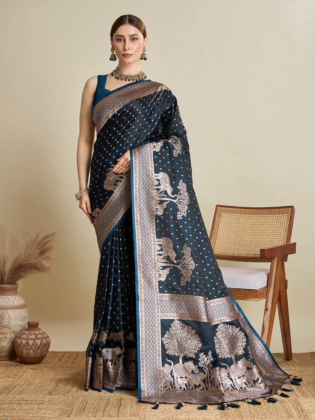 Dwija Fashion Deep Teal Green Wedding Wear Satin Jari Motifs All Over Pallu And Saree With Unstitched Blouse