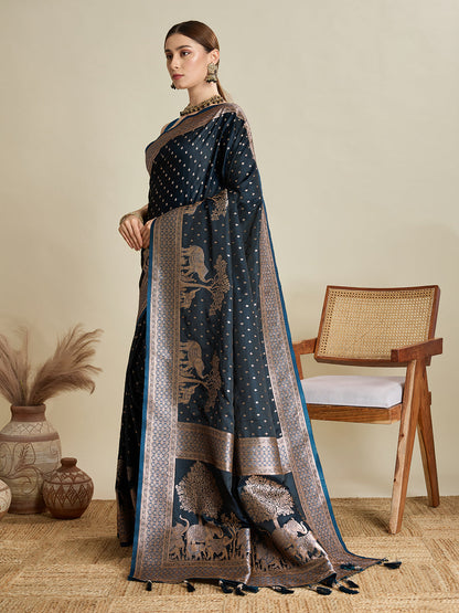 Dwija Fashion Deep Teal Green Wedding Wear Satin Jari Motifs All Over Pallu And Saree With Unstitched Blouse