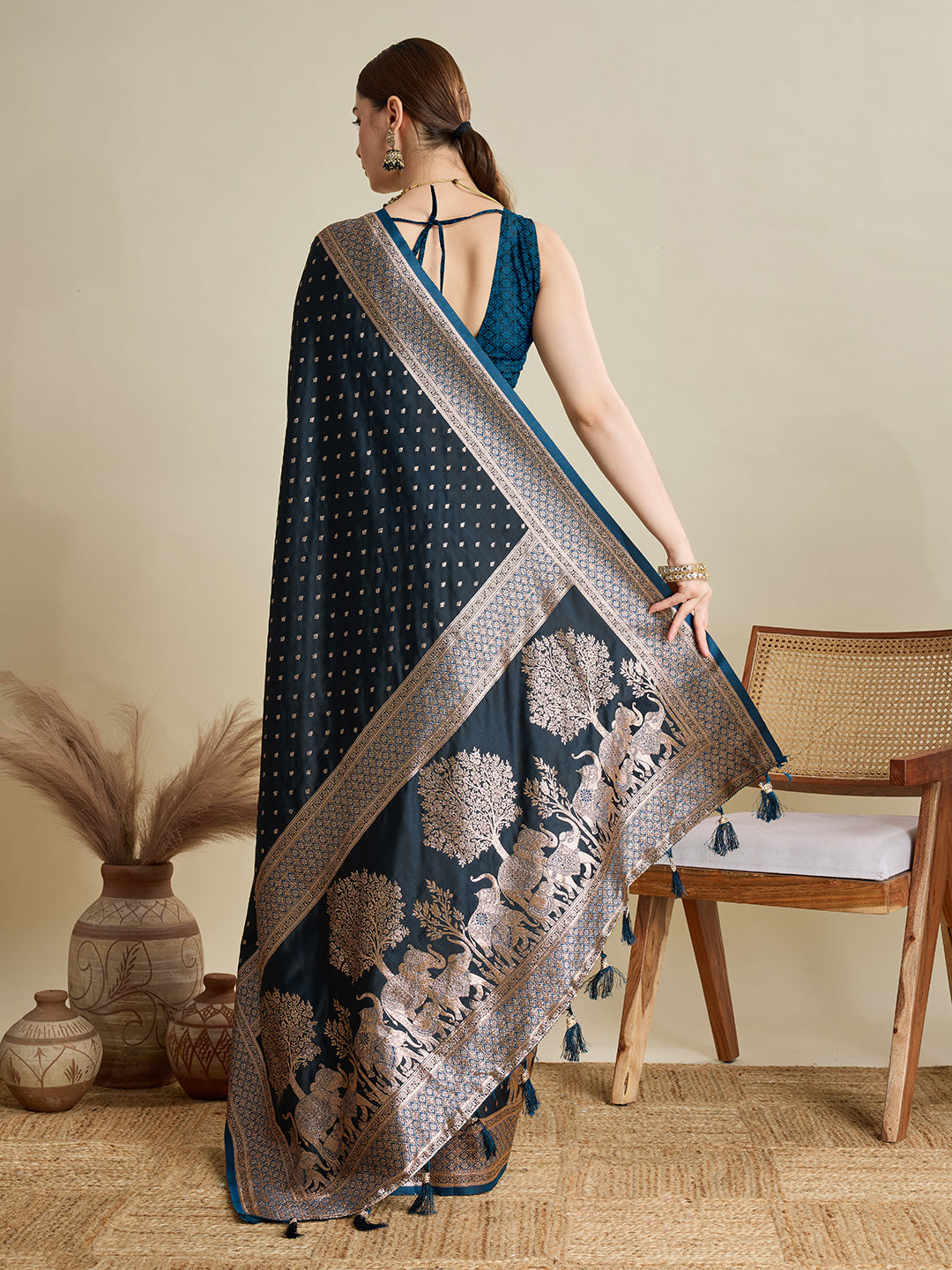 Dwija Fashion Deep Teal Green Wedding Wear Satin Jari Motifs All Over Pallu And Saree With Unstitched Blouse