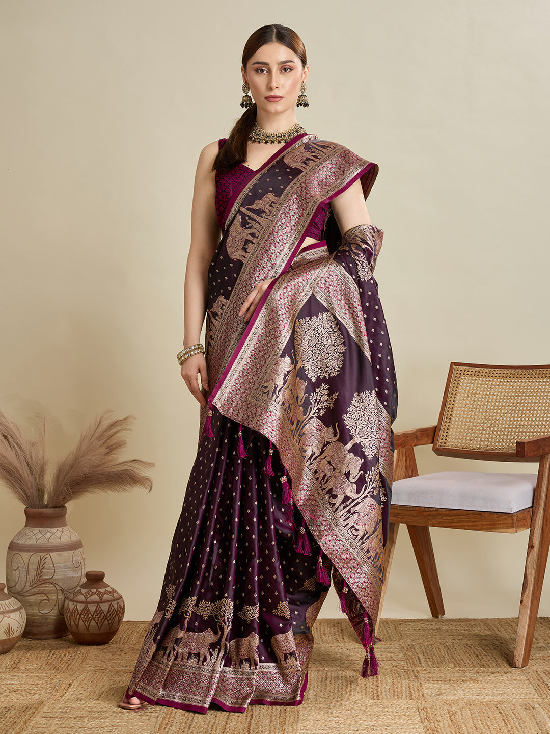 Dwija Fashion Dark Wine Wedding Wear Satin Jari Motifs All Over Pallu And Saree With Unstitched Blouse