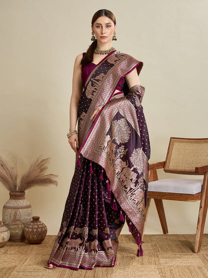 Dwija Fashion Dark Wine Wedding Wear Satin Jari Motifs All Over Pallu And Saree With Unstitched Blouse