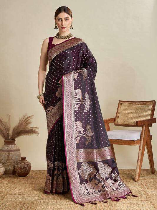 Dwija Fashion Dark Wine Wedding Wear Satin Jari Motifs All Over Pallu And Saree With Unstitched Blouse