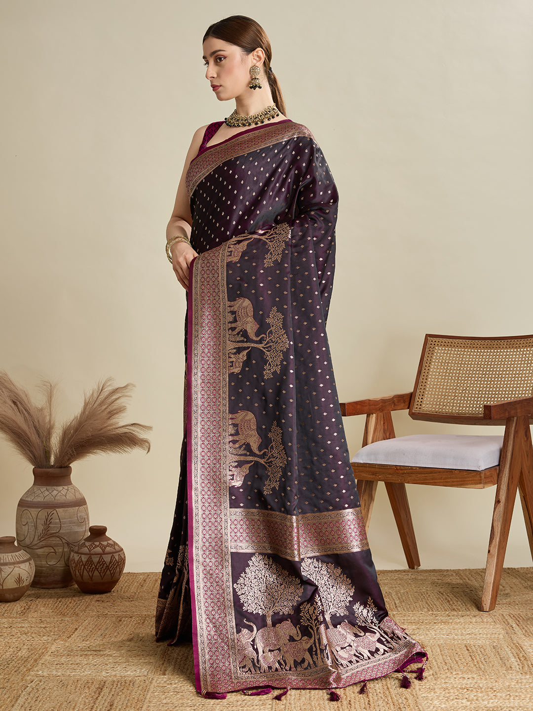 Dwija Fashion Dark Wine Wedding Wear Satin Jari Motifs All Over Pallu And Saree With Unstitched Blouse