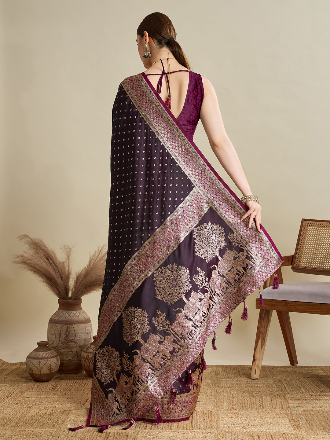 Dwija Fashion Dark Wine Wedding Wear Satin Jari Motifs All Over Pallu And Saree With Unstitched Blouse