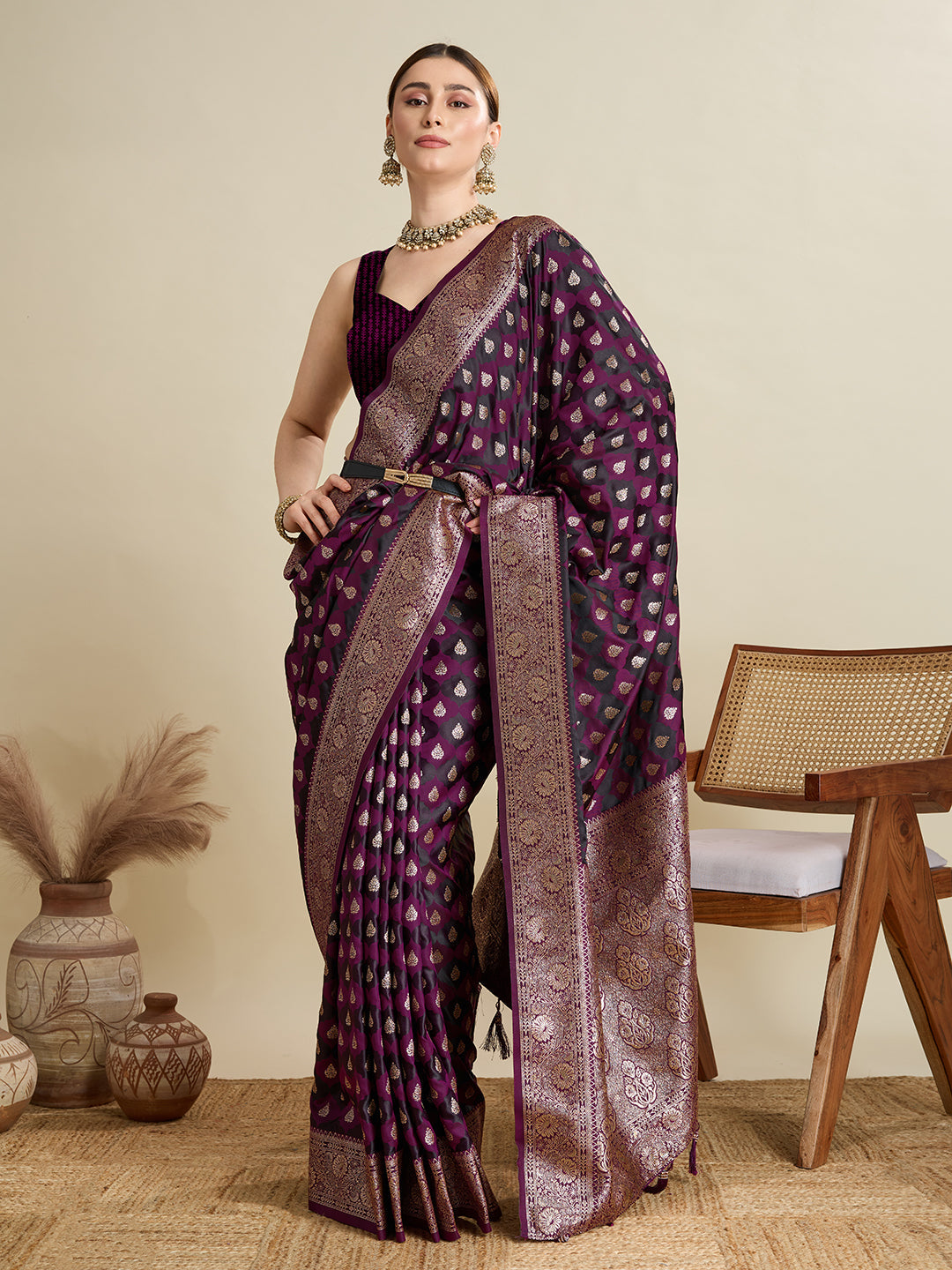 Dwija Fashion Dark Purple Wedding Wear Satin Jari Motifs All Over Pallu And Saree With Unstitched Blouse