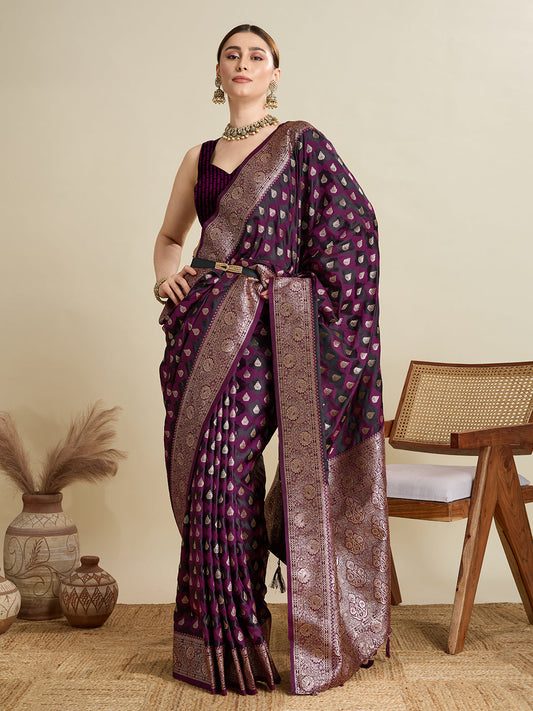 Dwija Fashion Dark Purple Wedding Wear Satin Jari Motifs All Over Pallu And Saree With Unstitched Blouse