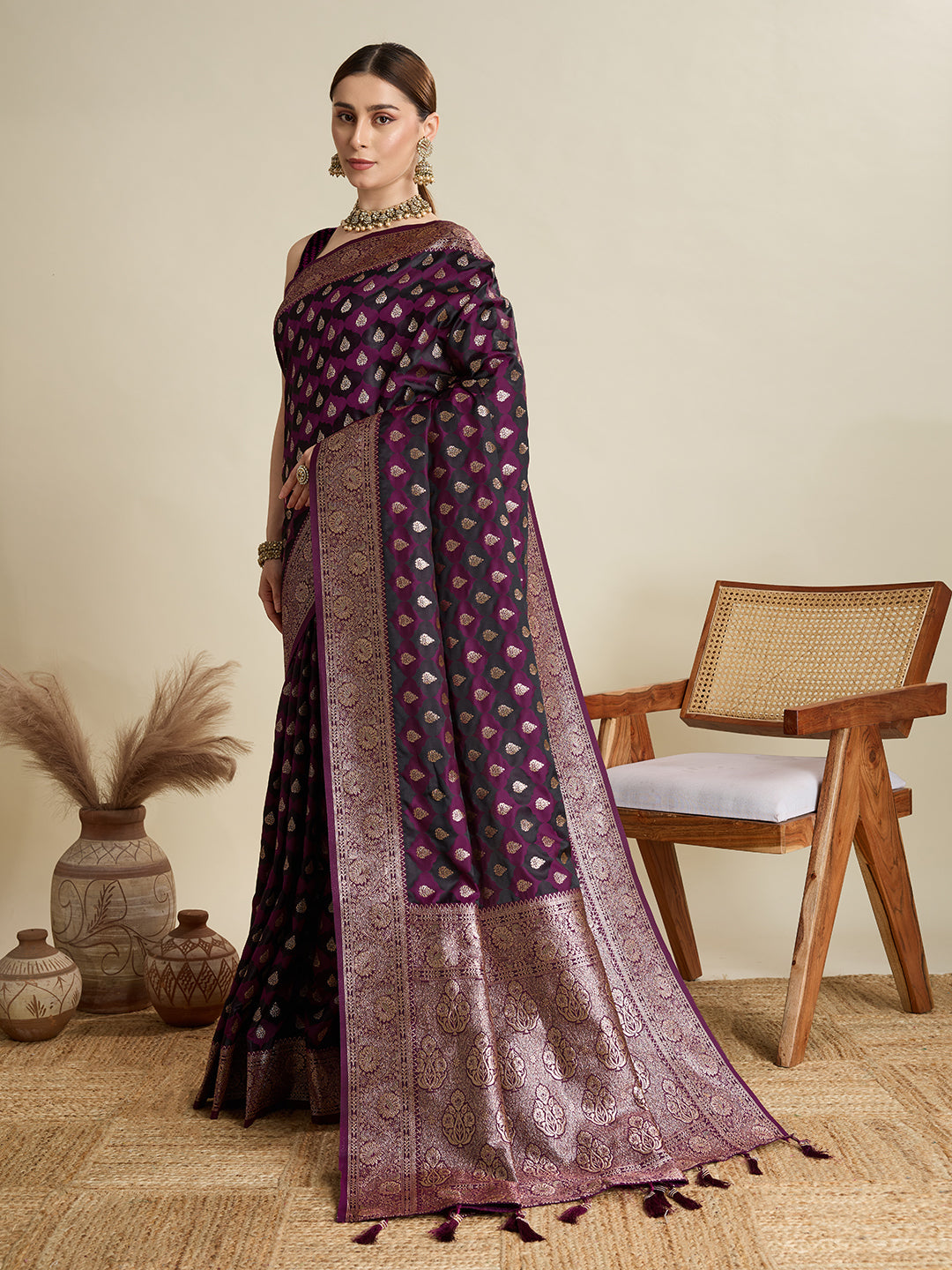 Dwija Fashion Dark Purple Wedding Wear Satin Jari Motifs All Over Pallu And Saree With Unstitched Blouse