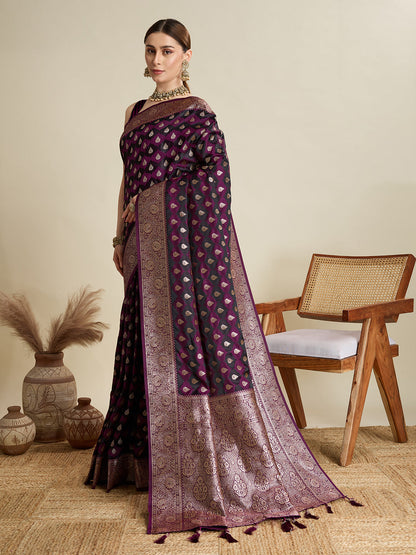 Dwija Fashion Dark Purple Wedding Wear Satin Jari Motifs All Over Pallu And Saree With Unstitched Blouse