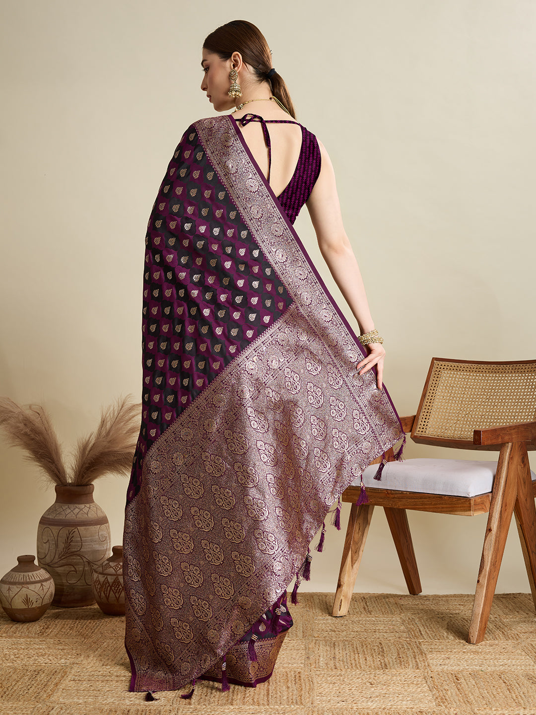 Dwija Fashion Dark Purple Wedding Wear Satin Jari Motifs All Over Pallu And Saree With Unstitched Blouse