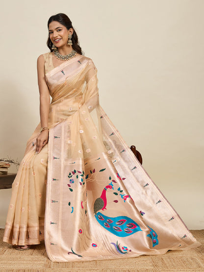 Dwija Fashion Ivory Wedding Wear Paithani Silk Jari Weaving On All Over Saree With Unstitched Blouse