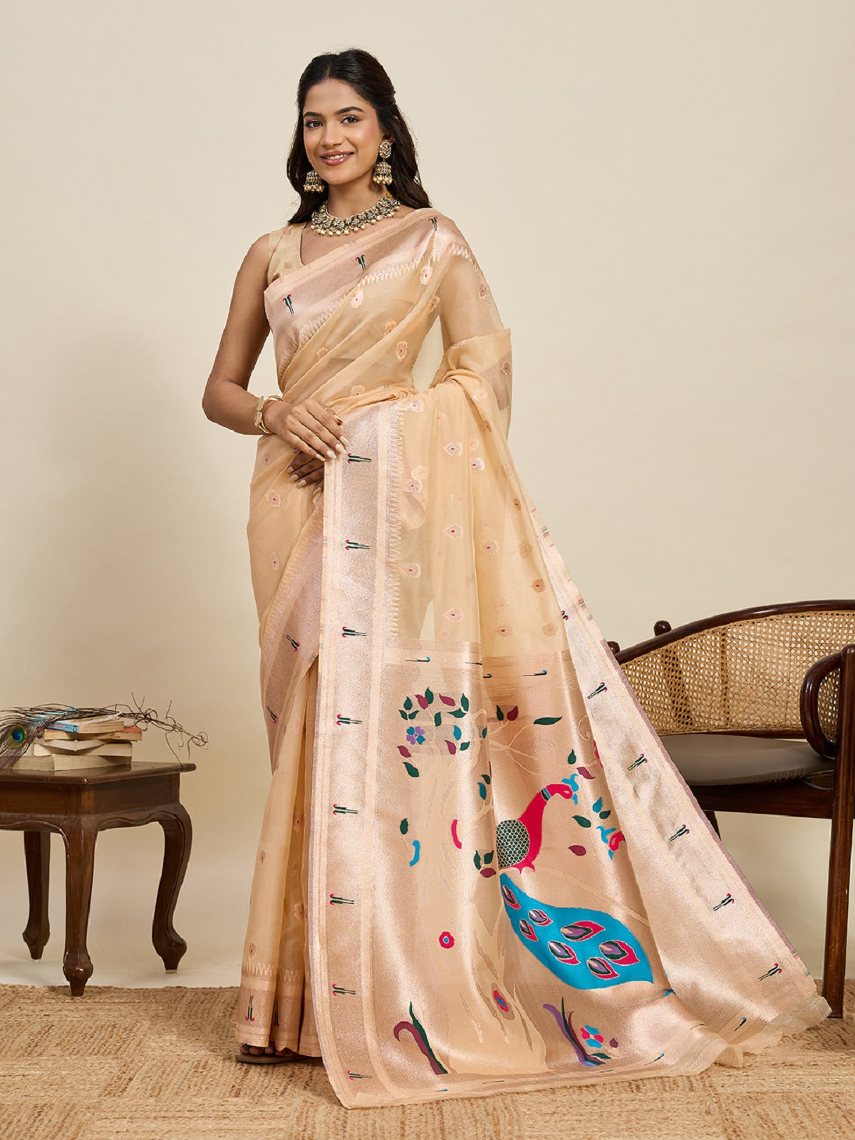 Dwija Fashion Ivory Wedding Wear Paithani Silk Jari Weaving On All Over Saree With Unstitched Blouse