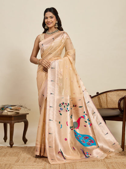 Dwija Fashion Ivory Wedding Wear Paithani Silk Jari Weaving On All Over Saree With Unstitched Blouse