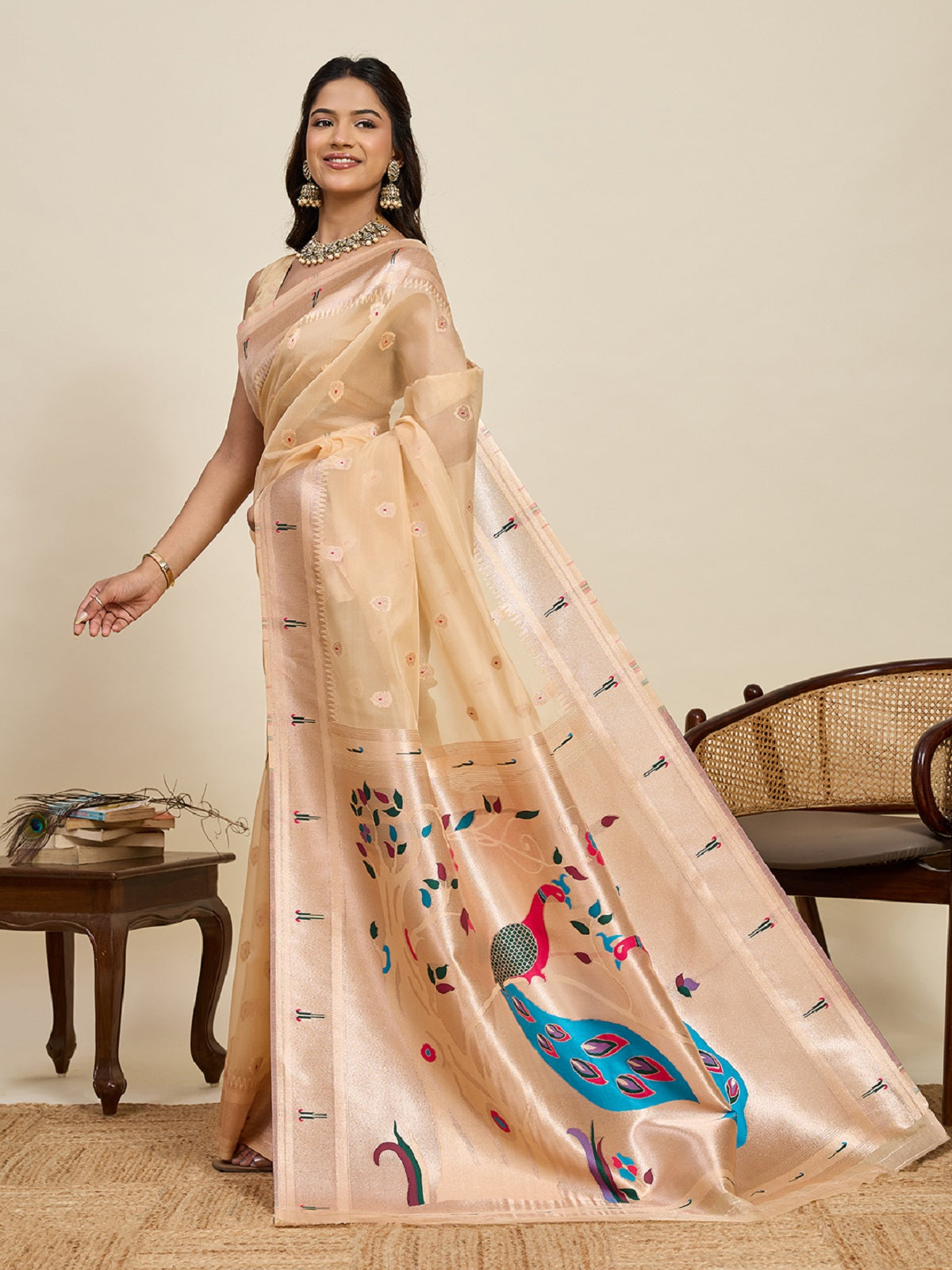 Dwija Fashion Ivory Wedding Wear Paithani Silk Jari Weaving On All Over Saree With Unstitched Blouse