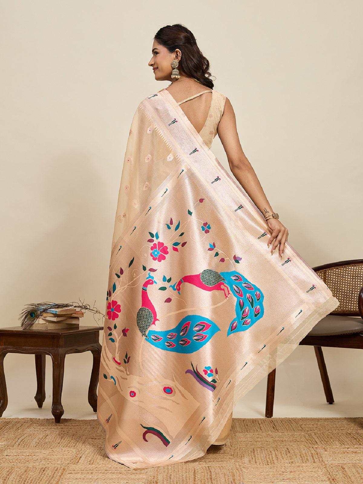 Dwija Fashion Ivory Wedding Wear Paithani Silk Jari Weaving On All Over Saree With Unstitched Blouse