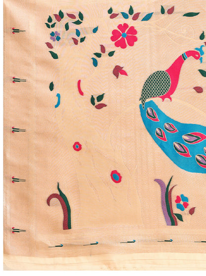 Dwija Fashion Ivory Wedding Wear Paithani Silk Jari Weaving On All Over Saree With Unstitched Blouse
