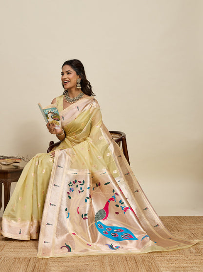Dwija Fashion Golden Wedding Wear Paithani Silk Jari Weaving On All Over Saree With Unstitched Blouse