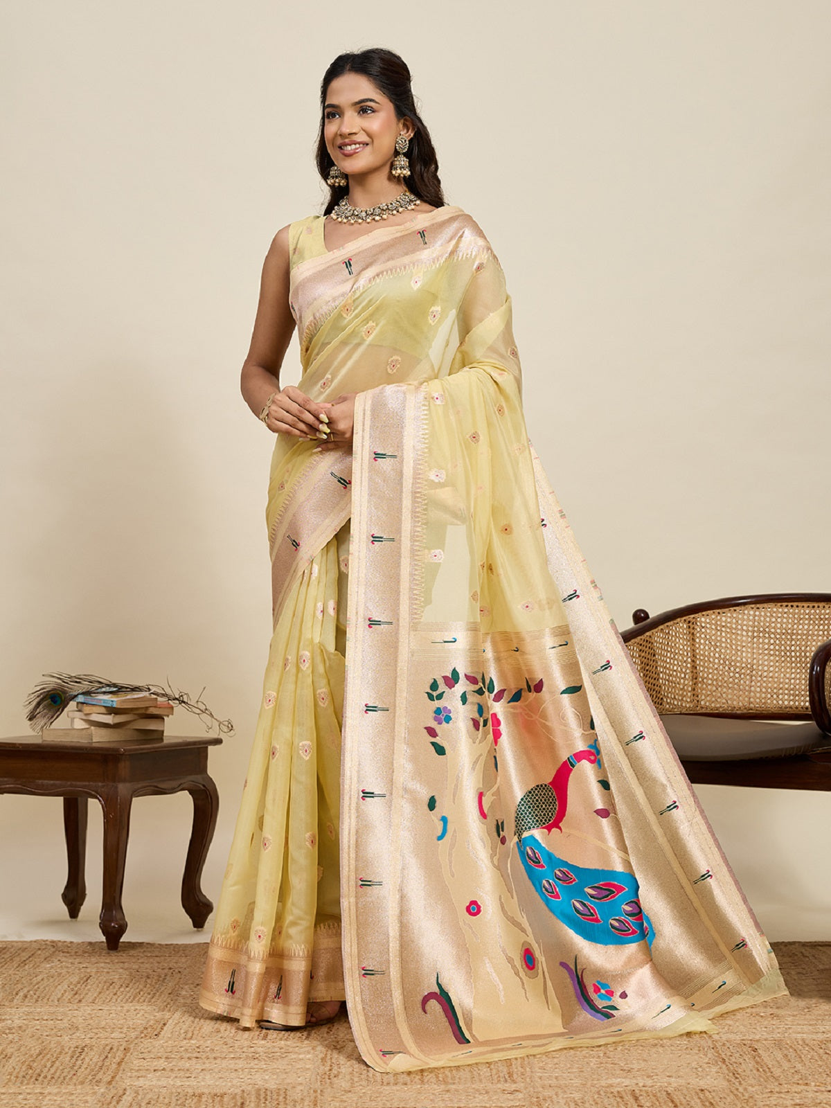 Dwija Fashion Golden Wedding Wear Paithani Silk Jari Weaving On All Over Saree With Unstitched Blouse