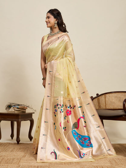 Dwija Fashion Golden Wedding Wear Paithani Silk Jari Weaving On All Over Saree With Unstitched Blouse