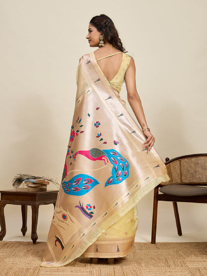 Dwija Fashion Golden Wedding Wear Paithani Silk Jari Weaving On All Over Saree With Unstitched Blouse