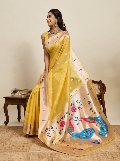 Dwija Fashion Yellow Wedding Wear Paithani Silk Jari Weaving On All Over Saree With Unstitched Blouse