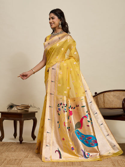 Dwija Fashion Yellow Wedding Wear Paithani Silk Jari Weaving On All Over Saree With Unstitched Blouse