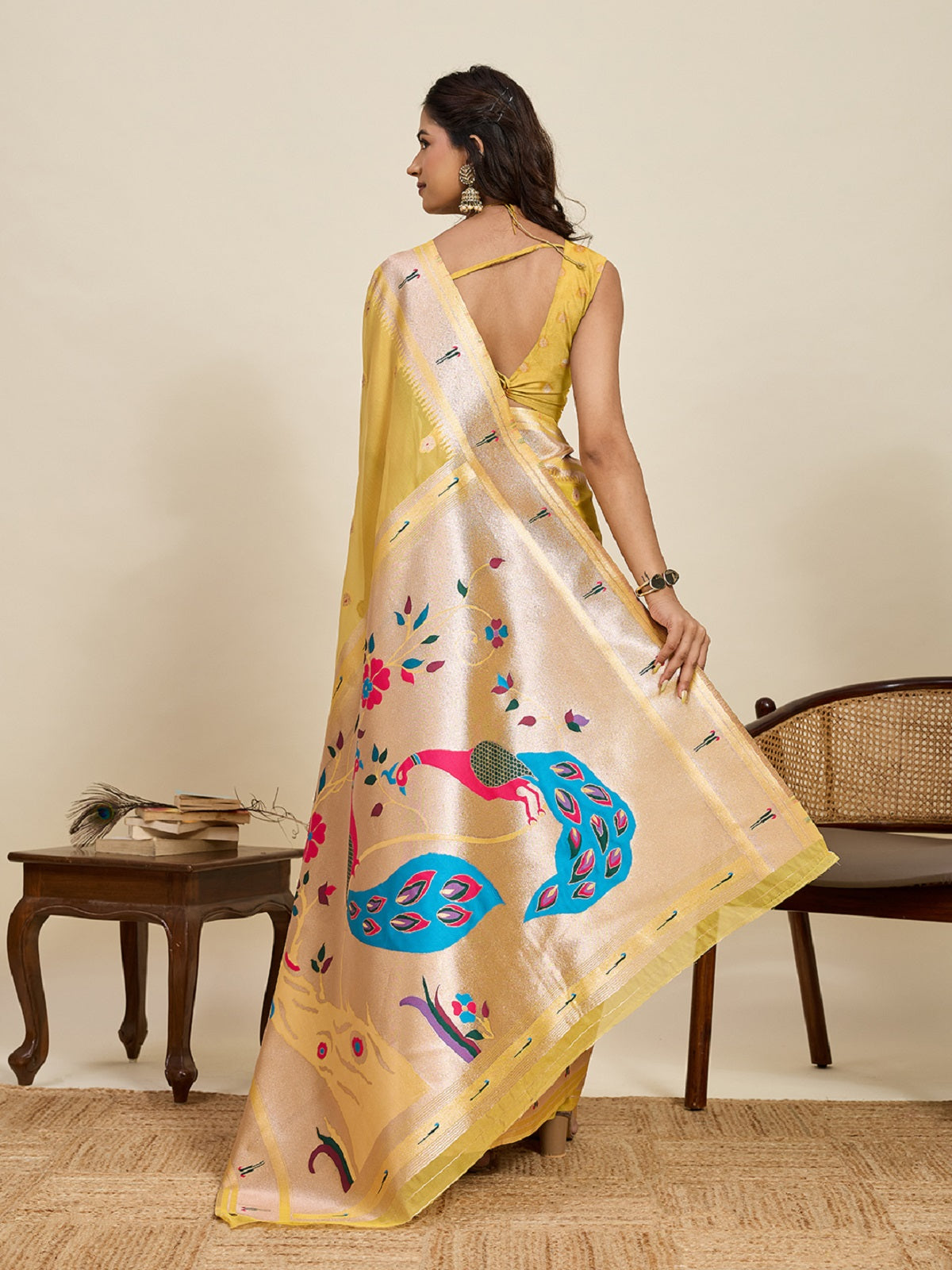 Dwija Fashion Yellow Wedding Wear Paithani Silk Jari Weaving On All Over Saree With Unstitched Blouse
