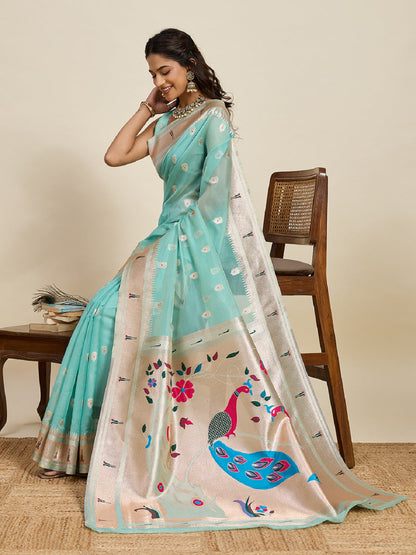 Dwija Fashion Sky Blue Wedding Wear Paithani Silk Jari Weaving On All Over Saree With Unstitched Blouse