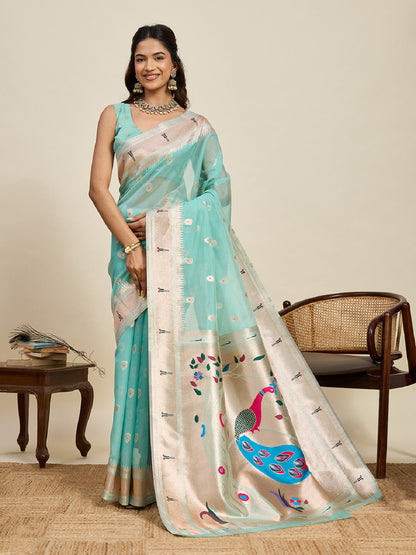 Dwija Fashion Sky Blue Wedding Wear Paithani Silk Jari Weaving On All Over Saree With Unstitched Blouse
