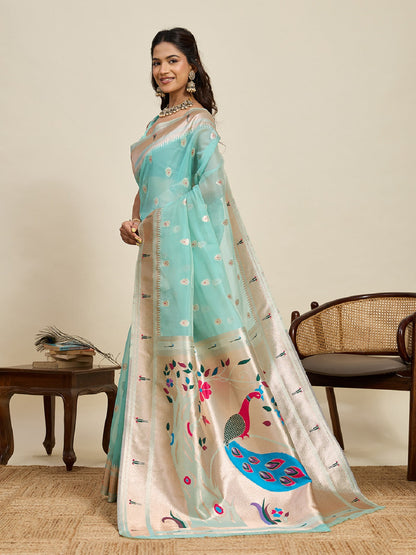 Dwija Fashion Sky Blue Wedding Wear Paithani Silk Jari Weaving On All Over Saree With Unstitched Blouse