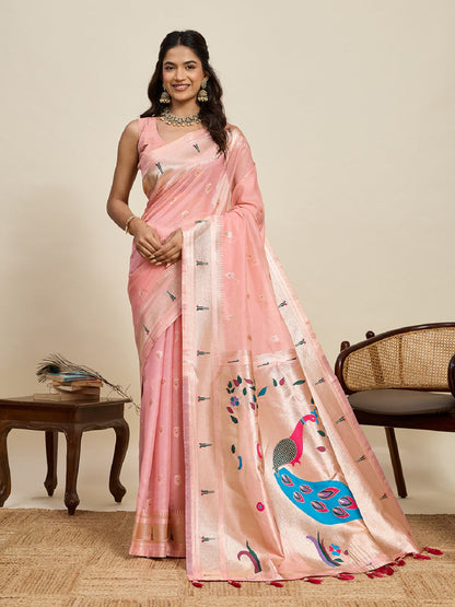 Dwija Fashion Baby Pink Wedding Wear Paithani Silk Jari Weaving On All Over Saree With Unstitched Blouse